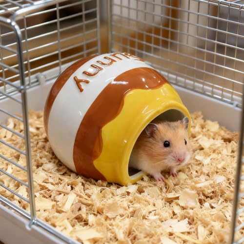 WishLotus Ceramic Hamster Hideout, Cute Honey Jar Shaped Hamster House, Large-Opening Small Animal Hideout, Small Animal Hideout Habitat Decor for Dwarf Hamsters Gerbils Chinchilla (Yellow-Brown) - color: Yellow-Brown