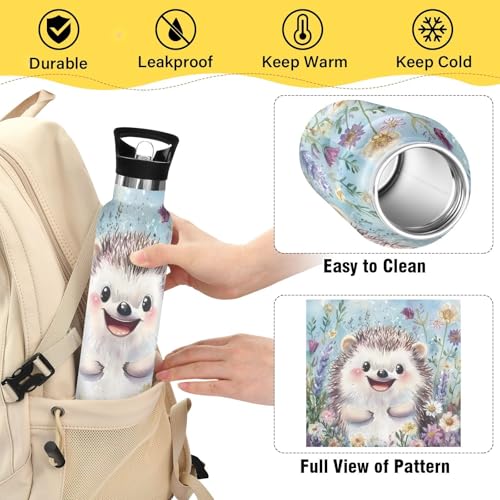 Cute Hedgehog Insulated Water Bottle with Straw Lid,Vacuum Stainless Steel Mug Leakproof Tumbler Flask Kids Water Bottle for Sports Travel School,20oz - color: Cute Hedgehog