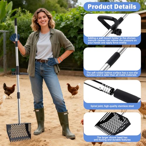 2-in-1 Chicken Poop Scooper & Rake, 10 Inch Coop Sand Sifting Shovel with 37" to 65" Adjustable Stainless Steel Handle, Litter Cleaning Tools with Gloves for Chicken Coop Farm Animals (Black) - color: Black