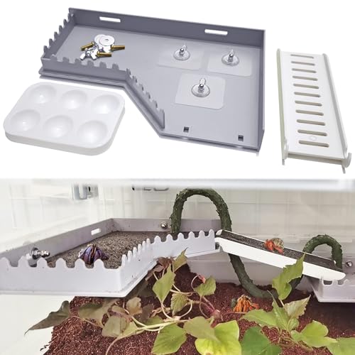 Hermit Crab Accessories - Platform with Ladder and Food Dish, Hermit Crab Climbing Toys, Habitat Supplies and Tank Accessories for Reptiles, Hamsters, Geckos, Small Lizards - color: Grey