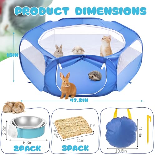 Small Animal Playpen & Grooming Kit, Portable Foldable Pet Playpen with Mesh Top for Rabbits, Guinea Pigs, Hamsters, Hedgehogs, Includes Feeding Bowls, Grooming Tools, and Bedding Mat, Blue