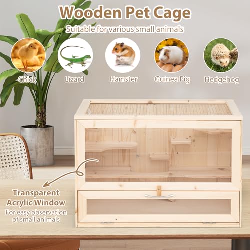PETSITE Hamster Cage Chewproof, Wooden Hamster Habitat Playpen with Mesh Flip Roof, Multiple Ladder Areas, Ramp Design, Acrylic Panel, and Lockable Door, 23.5 x 14 x 16.5 Inches (L x W x H)