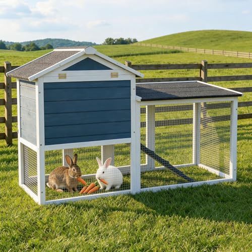 Large Outdoor Rabbit Hutch with Waterproof Asphalt Roof, 54.7” x 22.6” x 34” Wooden Bunny Cage for 2 Rabbits, Guinea Pigs & Chickens, Easy-Clean Pull-Out Tray & Anti-Rust Metal Door