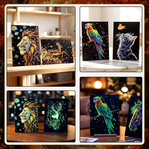 Gersoniel 8 Pack Scratch Paper Art Glow in The Dark Scratch Kit for Adult Rainbow Painting Paper Sheet with Pen / Cleaning Brush Noctilucent Engraving Scratchboard for Adults Craft Gift, Stress Relief - color: Hummingbird,Deer