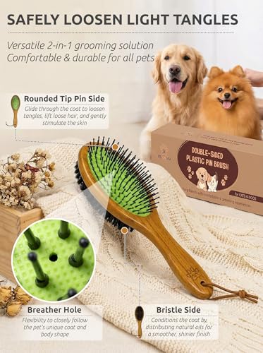 TAKAVU Pin & Bristle Pet Brush for Dogs & Cats, Double-Sided | Grooming Tool Detangles, Removes Loose Hair & Conditions Coat, Soft on Sensitive Skin, Natural Wood Handle Groomer - color: Black Boar Bristle & Pin Brush