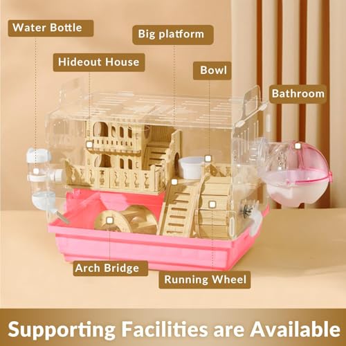 Cycodo 8 in 1 Acrylic Hamster Cage,2-Tier Dwarf Hamster Cage with Wooden Wheel & Hideout,Small Hamster Habitat with Accessories,Clear Pet Mice House(Pink,14" L*10" W*11" H) - color: Pink