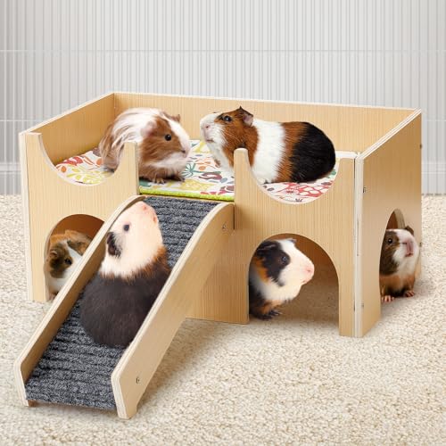 MEWTOGO Upgraded Sturdy Wooden Guinea Pig Castle with Stairs & Mat | Easy to Assemble, Sturdy, Playing Hiding House, for Hamsters Bunny Chinchillas Small Animals - size: Large