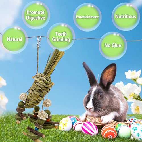 Rabbit Chew Toy, Bunny Cage Hanging Chew Toy & Treats,Natural Material Handwoven Chinchilla Treats Toys for Guinea Pigs Hamsters Rats and Other Small Pets Teeth Grinding - color: Grass Radish Style