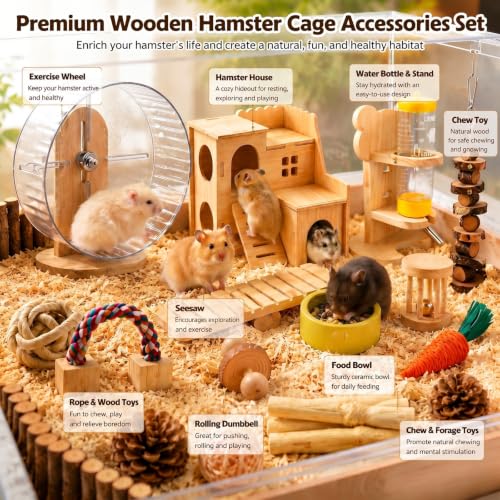 20 Pcs Hamster Cage Accessories,9.5'' Exercise Silent Hamster Wheel,15 Diverse Chew Toys,Maze Wood House, Water Bottle,Bowl Set for Dwarf Hamsters, Gerbils, Mice Small Animals Habitat