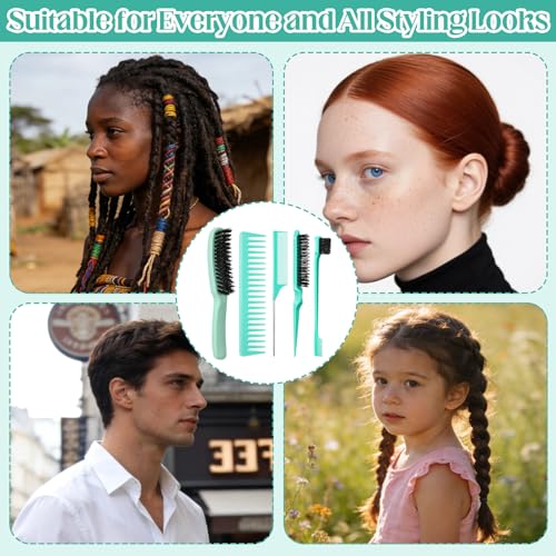 5 Pcs Slick Back Hair Brush Boar Bristle Smoothing Hair Brush with Edge Brush Rat Tail Comb Wide Tooth Comb for Men Women Smooth Frizz Flyaways, Green - color: Green