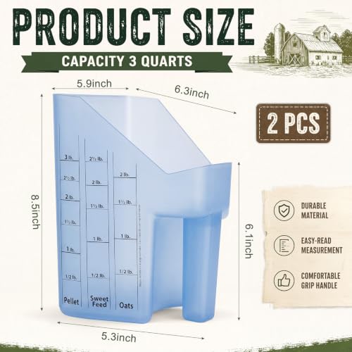 Uiifan 2 Pcs 3 Quart Horse Feed Scoop with Measurements, Heavy Duty Plastic Livestock Measuring Scoop for Grain, Pellets, Oats, Sweet Feed, Goat, Sheep and Cattle Supplies (Blue) - style: Blue
