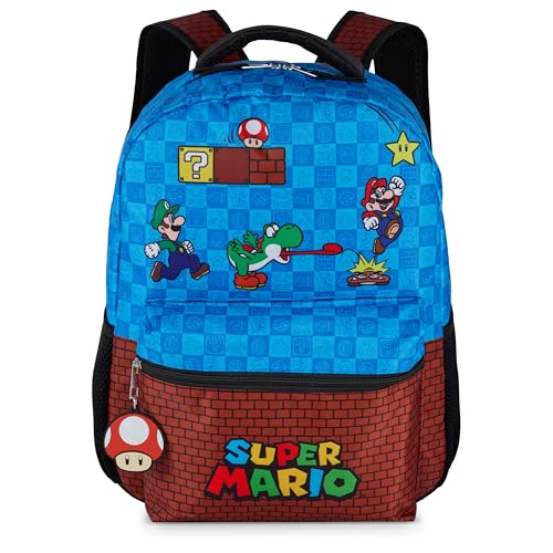 AI ACCESSORY INNOVATIONS Super Mario Brothers Backpack for Boys & Girls, 16 Inch Gaming Bookbag with Molded Toad Dangle, Blue, Featuring Mario, Luigi, Yoshi & Toad - color: Super Mario Bros