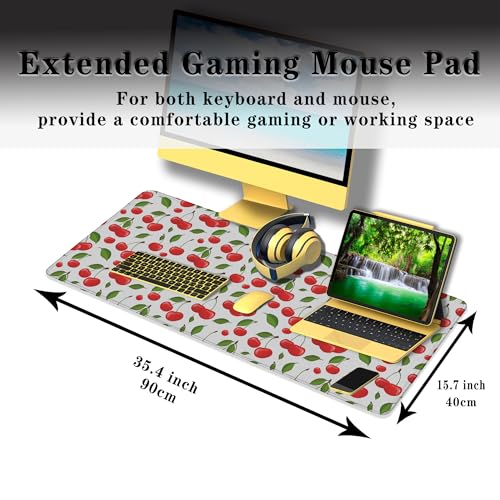 Big Mouse Pad White Red Gaming Mouse Pads Computer Desk Mats 900X400 Mouse Pad Non-Slip Rubber Base Waterproof with Stitched Edges 35.4 X 15.7 for Game Office, Cherry Pattern - color: Cherry