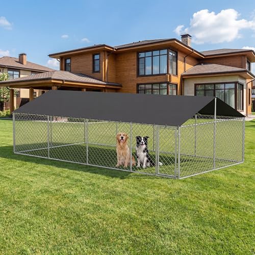 Petony Outdoor Dog Enclosure Heavy Duty Dog Kennel House Mesh Dog Big Cage Pet Kennel Steel Fence with Secure Lock - size: 236.0"L x 236.0"W x 65.0"H