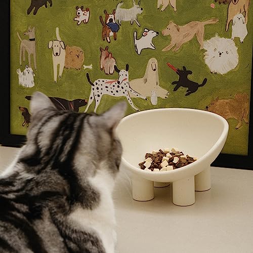 WENSHUO Elevated Cat Bowl, Ceramic Cat Food Bowl, 7 x 6.65 in, Matte Crème | 7 x 6.65 x 4.6 in four-leg ceramic cat bowl. Elevated anti-tip design supports comfortable feeding and helps reduce spills.