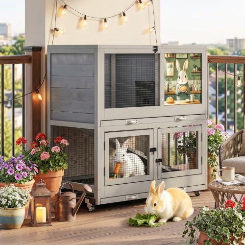COZIWOW 2-Tier Bunny Hutch, Indoor Rabbit Cage with Wheels & Pull Out Tray | Easy Clean Pull Out Tray & Anti-Chew Ramp Included. Air Vent For Proper Ventilation. Rolling Casters For Mobility.