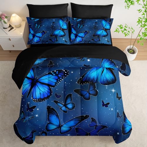 7Pcs Blue Butterfly Comforter Set Animals Printed Bedding Set with 1 Comforter, 1 Flat Sheet, 1 Fitted Sheet and 4 Pillowcases for Boys and Girls Bedroom (Butterfly Twin - color: Butterfly, size: Twin 68x86inches