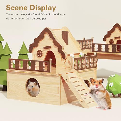 Wooden Hamster Platform and Dwarf Hamster House,Cute Syrian Hamster Tiny House Hideout,Large Balcony Lookout Holes,for Dwarf Gerbils and Mouse Mice Rat Other Small Animals(A) - color: BrownA