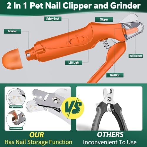 2 in 1 Dog Nail Clippers & Cat Nail Clippers Trimmers for Large Medium Small Dogs Cats Claw Trimmer Quick Sensor and Safety Guard USB Rechargeable Dogs Nail Trimmer with Catcher & 2 LED Lights - color: Orange