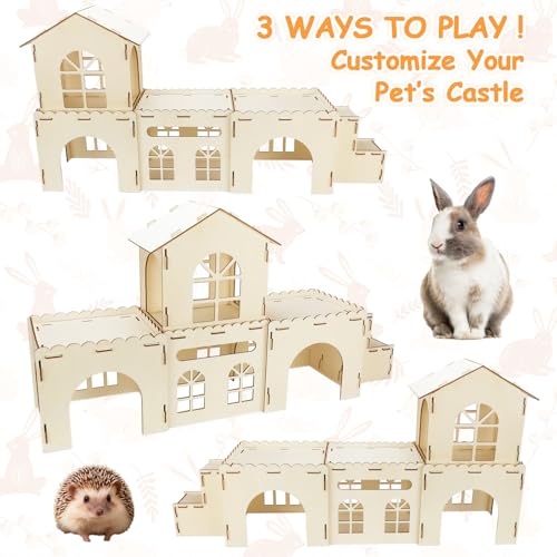BWOGUE Extra Large Wooden Rabbit Castle, Bunny House Two Tiers with Stairs | Wooden Bunny Hideout, Rabbit Houses and Hideouts, Natural Pine Wood, Detachable Build, Two Doors, Guinea Pigs & Rabbits - style: 4 House and 1 Ladder