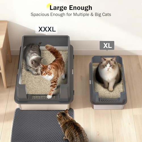 Stainless Steel Litter Box Extra Large for Big Cats Multi-Cats, Jumbo Extra Large Metal Cat Litter Box with High Sided Lid, Anti-Urine Leakage, Non-Stick,Include Litter Scoop - color: Dark Grey, size: XXXL