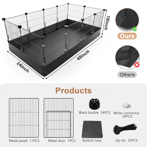 Tresbro Guinea Pig Cage with Waterproof PVC Bottom Liner & One-Hand Release Hook, Triple Fixing C&C Cage for Guinea Pigs, Bunny, Rabbit, Hedgehog, Small Animal Indoor Playpen 48''L x 24''W x 16''H - size: 12 Panels