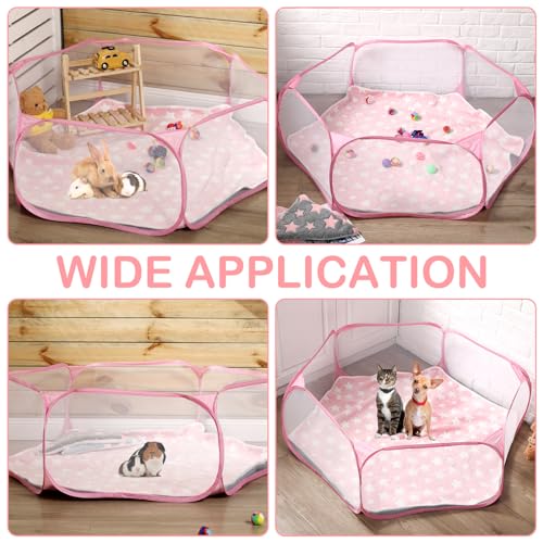 Hamster Playpen with Mat Small Animal Cage Tent Breathable Transparent Guinea Pig Playpen Waterproof Portable Yard Fence Mat Foldable Exercise Playpen Outdoor Indoor (Pink,Star) - color: Pink