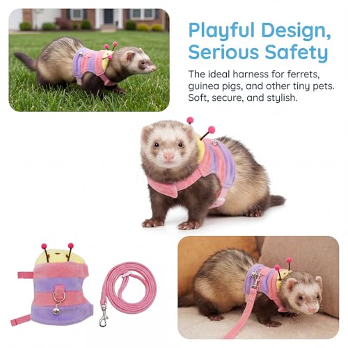 Adjustable Caterpillar Premium Plush Harness&Leaf Set – Soft Restriction-Free Vest for Ferrets,Guinea Pigs, Lizards, Rabbits,Squirrel, Kittens,Teacup Chihuahuas, Puppies|Safety Bell(Caterpillar-Pink) - color: Caterpillar-Pink