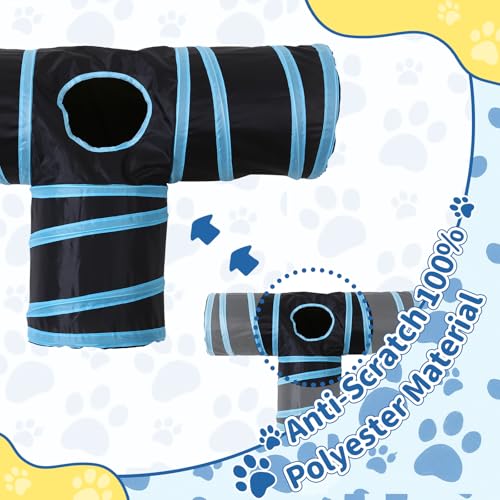 Pet Cat Tunnel, T-3 Way Tunnels for Indoor Cats, Collapsible Pet Tunnel for Kitten, Puppy, Rabbit, 25cm-Wide Tunnels, Durable & Breathable, with Peek Hole Toy Ball - color: T-Junction Tunnel & Black/Blue