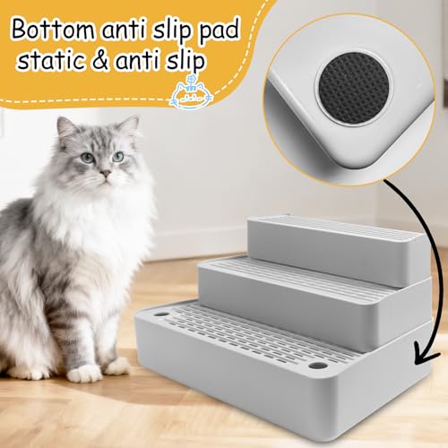 Adjustable 3 Steps Cat Litter Box Step, Litter Box Ramp/Catcher | Filter Function, Non-Slip, Easy to Clean,Cat Litter Stair, Small & Elderly Cats, Fits Automatic Litter Box Steps, Light Grey
