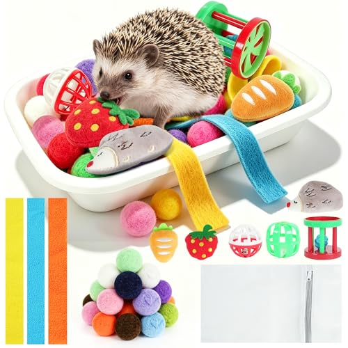Hedgehog Toys & Accessories, Enrichment Toy Set with Dig Box & Balls | Plush Balls & Fabric Strips, Hedgehog Cage Accessories, Dig Box Toy, Digging Activities, Small Animal Enrichment