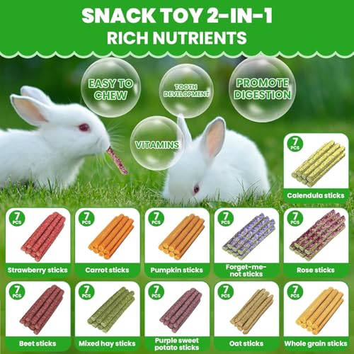 77Pcs Rabbit Chew Sticks, Guinea Pig Toys, 11 Flavors Natural Grass Molar Teeth Stick, Mixing Flowers, Roses, Calendula and Forget Me Not, Small Animals Treats