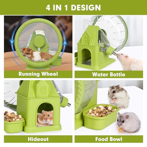 VANNON 4 in 1 Quiet Hamster Exercise Wheel, Multi Functional Hamster House with Running Wheel, Water Bottle, Food Bowl and Hideout, Small Animals Exercise Running Toys for Hamsters Gerbils Mice, Green - color: Green