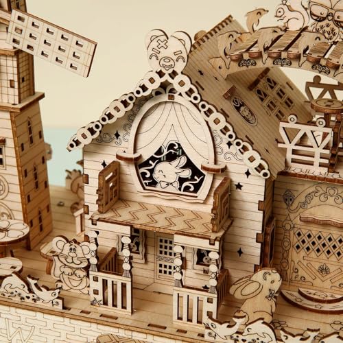 3D Wooden Puzzle for Adults, Animals Forest Party DIY Wooden Music Box with LED Light, Self-Assembly Mechanical House Building Kit Handicraft, Birthday Gift for Women Men, Home Decor, 174 pcs - style: Forest Party House