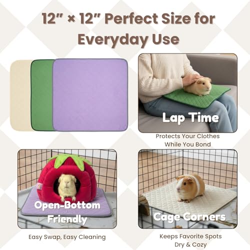 3 Pack Guinea Pig Pad 12" x 12", Washable Fleece Cage Liner, Green | Soft fleece surface. 4-layer absorbent protection. Waterproof TPU & anti-slip bottom. Washable and reusable pee pad