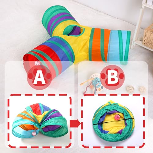 Pet Cat Tunnel, Y-3 Way Tunnels for Indoor Cats, Collapsible Pet Tunnel for Kitten, Puppy, Rabbit, 25cm-Wide Tunnels, Durable & Breathable, with Peek Hole Toy Ball - color: Y-junction Tunnel & Rainbow