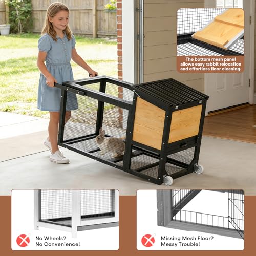 TIMHAKA 2-Story Bunny Hutch with Wheels and Chew-Proof Ramp, Yellow | Indoor Outdoor Bunny Cage w/ Leak-Proof Trays and Openable Waterproof Roof for Rabbits, Guinea Pig, Small Animal - size: 47.2"L x 21.98"W x 27.2"H
