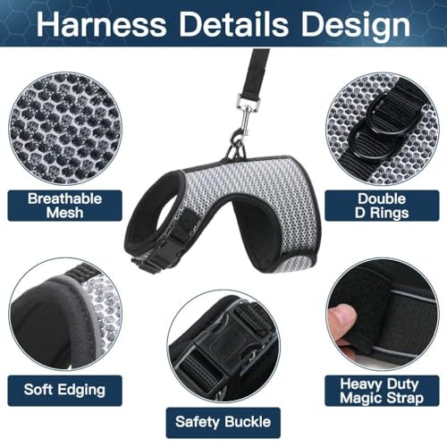 PUPTECK Soft Mesh Cat Vest Harness and Leash Set Puppy Padded Pet Harnesses Escape Proof for Cats Small Dogs Rabbits Bunny - color: Grey(Reflective), size: L(NECK 8.5"-10.5", CHEST 12.5"-15", 6-10 lbs)