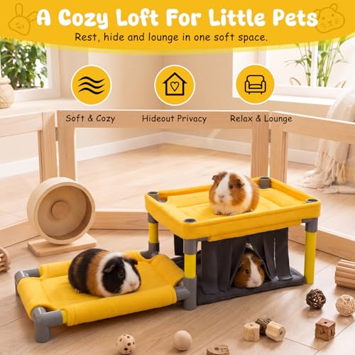 Guinea Pig Bunk Bed 27.5 x 9.8 x 7.5 in, 2-tier Small Animal Hideout with Washable Pads & Soft Curtains, Space-saving Cozy Corner Bed for Guinea Pigs, Chinchillas, Ferrets, Dwarf Rabbits (Large)