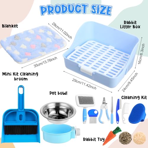 Reallnaive 15 Pcs Rabbit Starter Kit Small Rabbit Litter Box Girls Gift Animal Grooming Kit Bunny Toys Bowl Blankets with Cleaning Set for Guinea Pig Accessories(Candy Blue) - color: Candy Blue