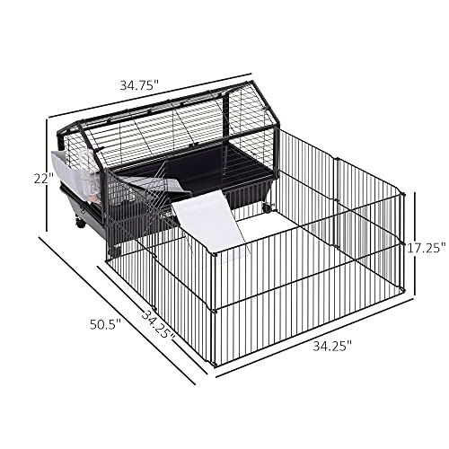 PawHut Small Animal Cage with Foldable Run Area, Rolling Bunny Cage, Guinea Pig Cage, Hedgehog Cage with Water Bottle, Water Bowl, and Ramps, 35" L | Guinea Pig Hutch, Hedgehog Cage, Water Bottle, Water Bowl, Ramps - size: 50.5"L x 34.8"W x 22.0"H