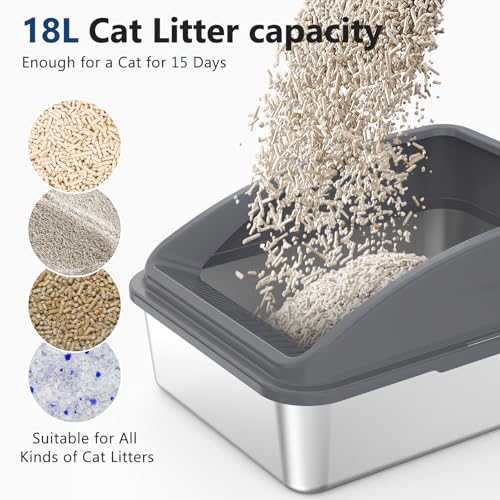 Stainless Steel Litter Box, Metal Kitty Litter Box with Scoop, Anti-Leakage Top Entry, Non-Sticky, Easy to Clean