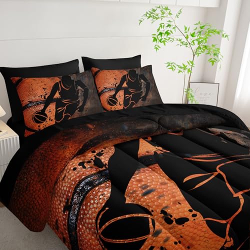 7pcs Sports Comforter Set Basketball Printed Bedding Set with 1 Comforter, 1 Flat Sheet, 1 Fitted Sheet and 4 Pillowcases for Boys and Girls Bedroom (Basketball-2 Full - color: Basketball-2, size: Full 80x90inches