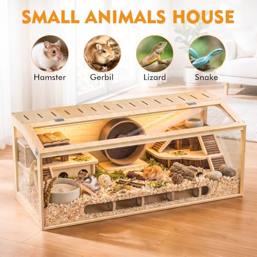 XiaZ Hamster Cage,48Inch Large Hamster Tank with Panoramic View and Ventilated Top, Spacious Acrylic Glass Habitat for Syrian Dwarf Hamsters and Degus, Natural Wood Frame Enclosure - size: 48.0"L x 20.0"W x 20.0"H