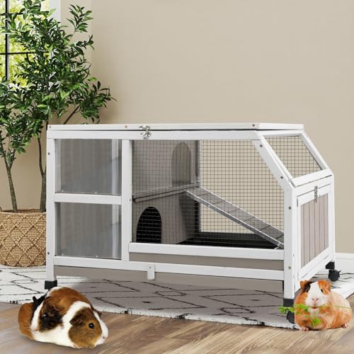 Guinea Pig Cage Indoor, Large Small Animal Cage on Wheels with Ramp & Hideout, Easy Clean Hamster Cage with Deep Pull-Out Tray for Rabbit, Hedgehog, Gerbil, Rat, Chinchilla