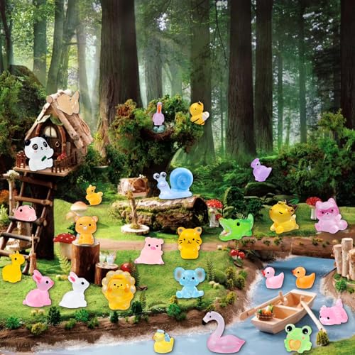 52Pcs Luminous Mini Resin Animals 52 Styles Miniature Glow in the Dark Resin Animal Figures to Hide Tiny Small Little Ducks Turtles Dinosaurs and Frogs for Micro Landscape Dollhouse Fairy Garden Decor - style: 52Pcs-Luminous