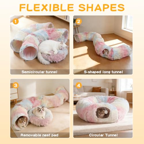 Cat Tunnel with Cat Bed for Indoor Cats, Under Christmas Tree Soft Plush Peekaboo Cat Cave Donut Tunnel, Multifunctional Playground Toys Hideplace for Kittens, Rabbit, Ferret - color: Rainbow colors