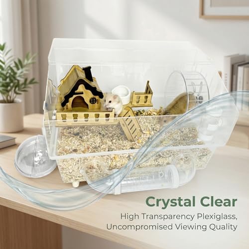 Clear Acrylic Hamster Cage 8 in 1 Kit, Transparent Habitat Top Ventilation & Easy Clean, Rounded Edges Enclosure for Desk/Living Room, Dwarf Hamster Cage,Gerbil, Mice & Small Animals