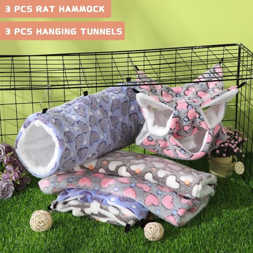 6 Pcs Rat Hammock Set Ferret Hanging Tunnel 3 Tier Guinea Pig Hammocks Hideout Soft Chinchilla Bed for Cage Accessories Hide,Play and Sleep(Cute,Heart) - color: Cute