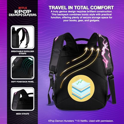 AI ACCESSORY INNOVATIONS K-Pop Demon Hunters Huntrix 16” Backpack for Girls, Featuring Rumi, Zoey, Mira, Rubber Molded Bag Charm, Huntrix - style: Huntrix